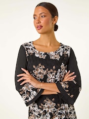 Roman Brown Floral Print Lace Asymmetric Hem Top - Image 1 of 6