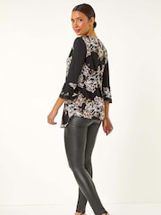 Roman Brown Floral Print Lace Asymmetric Hem Top - Image 4 of 6