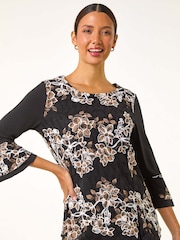 Roman Brown Floral Print Lace Asymmetric Hem Top - Image 5 of 6