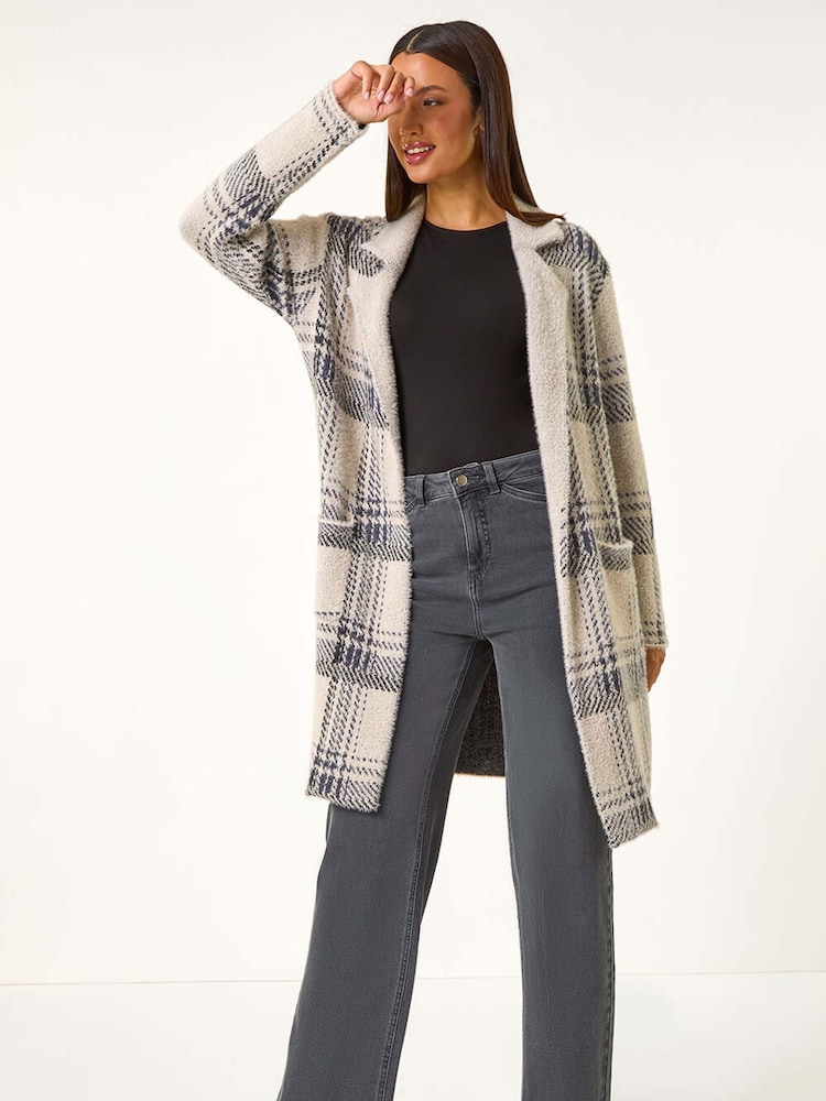 Roman Grey Patchwork Check Collar Pocket Cardigan - Image 1 of 5