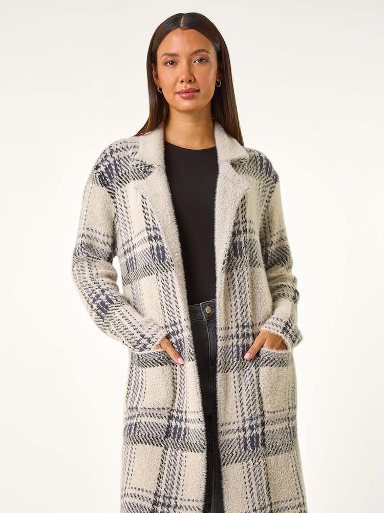 Roman Grey Patchwork Check Collar Pocket Cardigan - Image 2 of 5