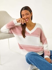 Roman Pink V-Neck Stripe Knit Jumper - Image 1 of 5