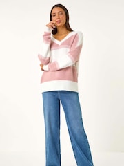 Roman Pink V-Neck Stripe Knit Jumper - Image 5 of 5