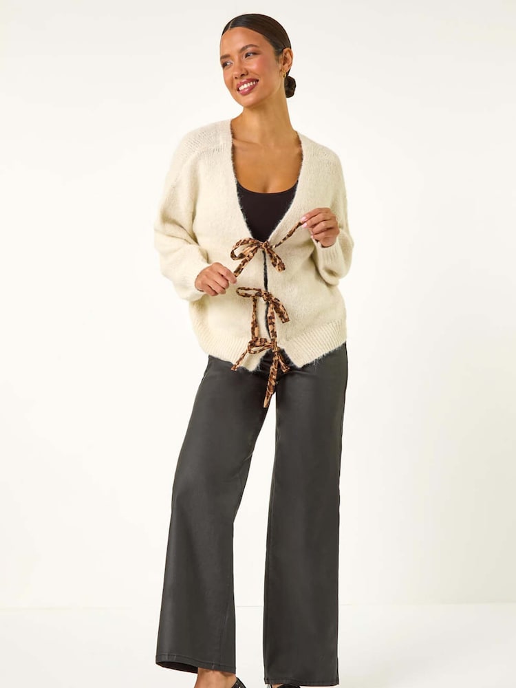 Roman White Leopard Print Tie Front V-Neck Cardigan - Image 1 of 6