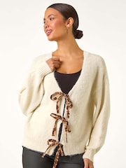 Roman White Leopard Print Tie Front V-Neck Cardigan - Image 3 of 6
