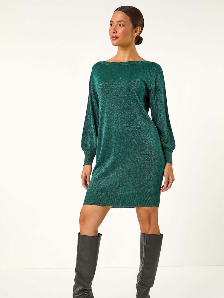 Roman Green Shimmer Slash Neck Jumper Dress - Image 1 of 5