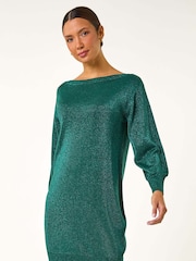 Roman Green Shimmer Slash Neck Jumper Dress - Image 2 of 5
