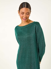 Roman Green Shimmer Slash Neck Jumper Dress - Image 4 of 5