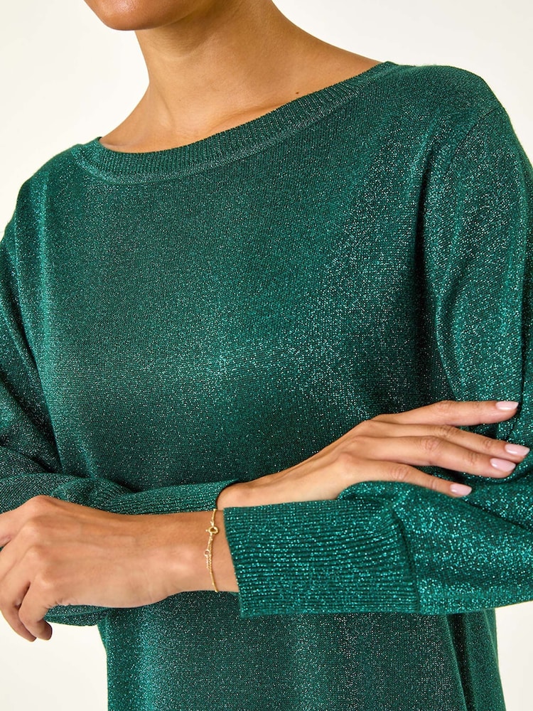 Roman Green Shimmer Slash Neck Jumper Dress - Image 5 of 5