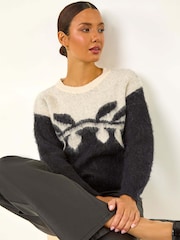 Roman Black Leaf Jacquard Crew Neck Knit Jumper - Image 1 of 5
