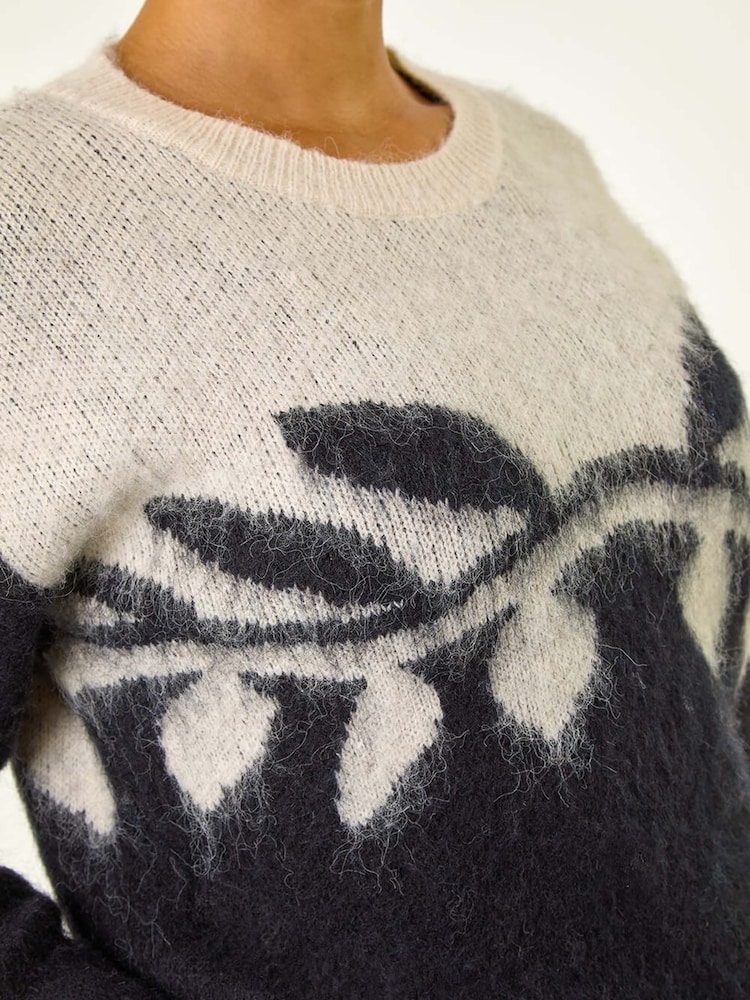 Roman Black Leaf Jacquard Crew Neck Knit Jumper - Image 2 of 5