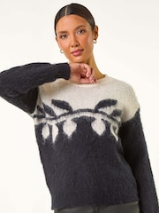 Roman Black Leaf Jacquard Crew Neck Knit Jumper - Image 3 of 5