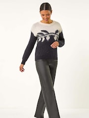 Roman Black Leaf Jacquard Crew Neck Knit Jumper - Image 4 of 5