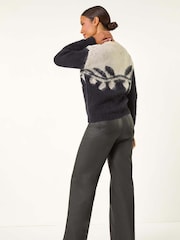 Roman Black Leaf Jacquard Crew Neck Knit Jumper - Image 5 of 5
