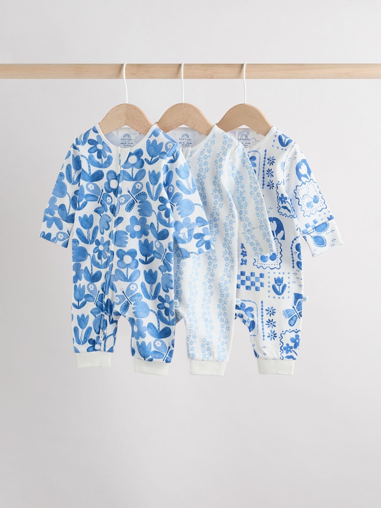 Blau - 100% Cotton Two Way Zip Baby Footless Sleepsuits 3 Pack (0mths-3yrs) - Bild 1 von 11