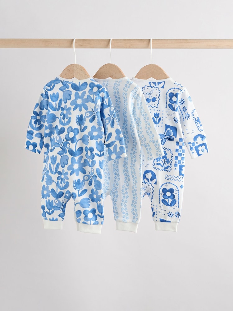 Blau - 100% Cotton Two Way Zip Baby Footless Sleepsuits 3 Pack (0mths-3yrs) - Bild 2 von 11