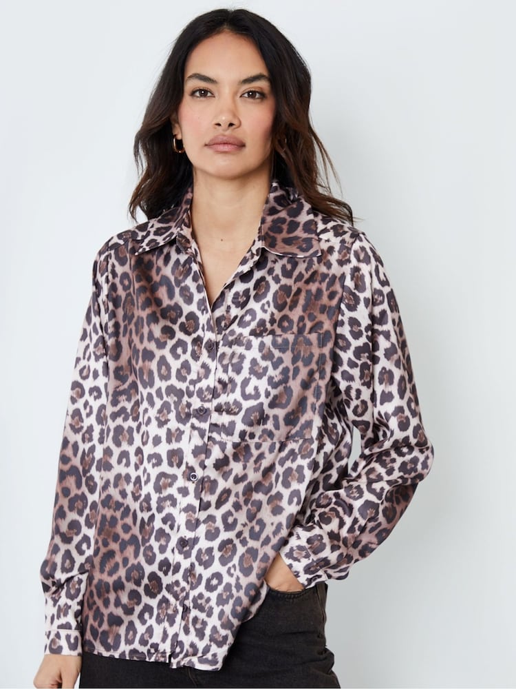 Another Sunday Oversized Leopard Print Satin Shirt - Image 1 of 6