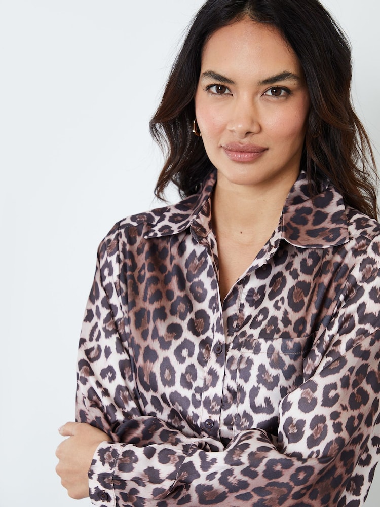 Another Sunday Cream Oversized Leopard Print Satin Shirt - Image 3 of 6