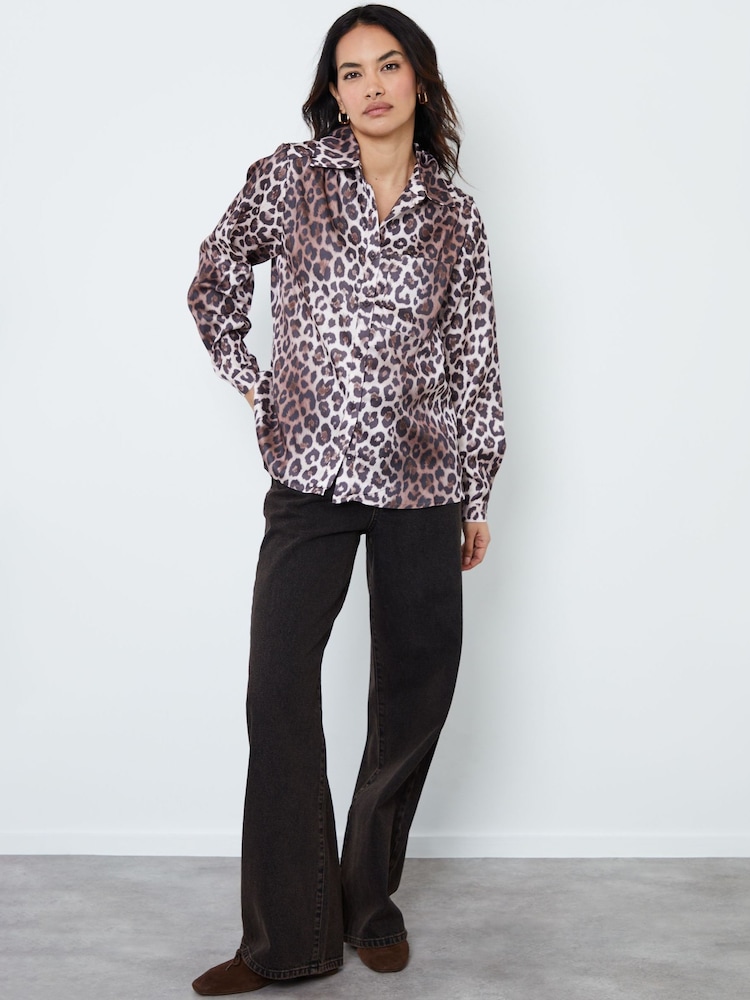 Another Sunday Cream Oversized Leopard Print Satin Shirt - Image 4 of 6