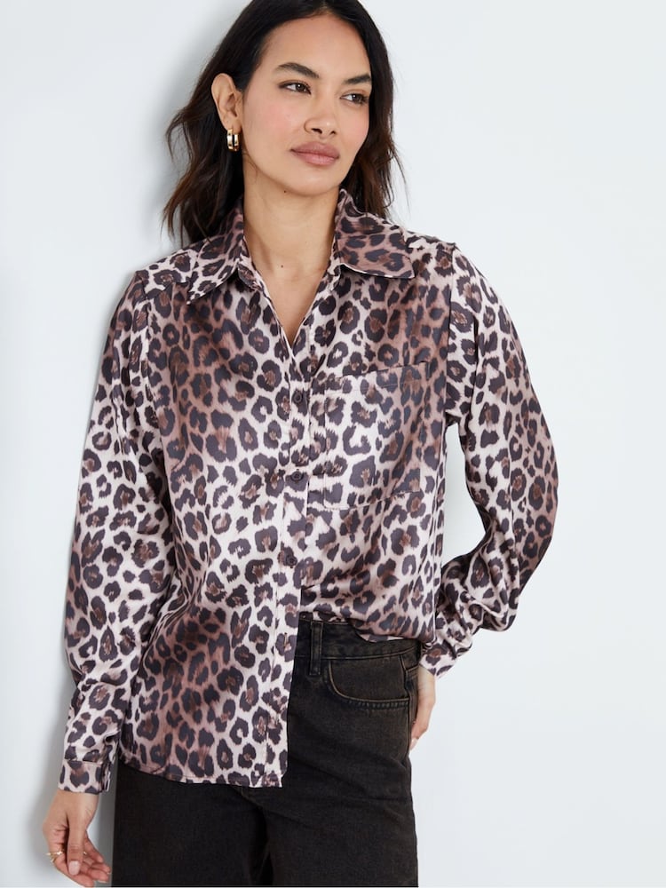 Another Sunday Cream Oversized Leopard Print Satin Shirt - Image 5 of 6