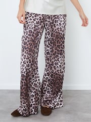 Another Sunday Cream Leopard Print Wide Leg Satin Trousers - Image 1 of 4