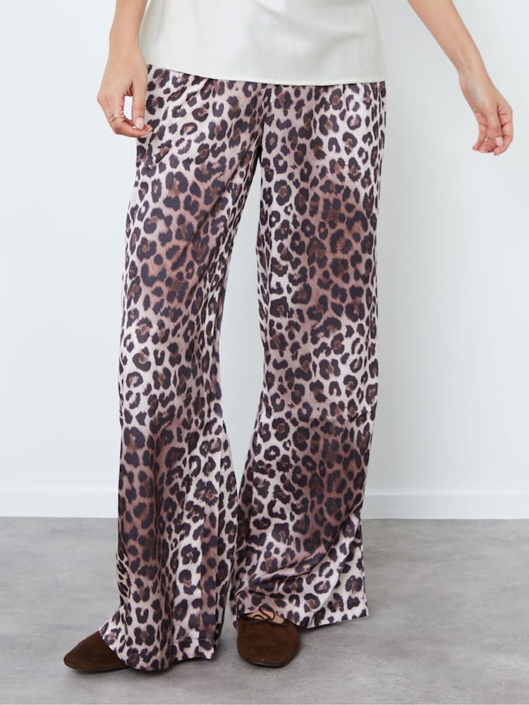 Another Sunday Cream Leopard Print Wide Leg Satin Trousers - Image 1 of 4