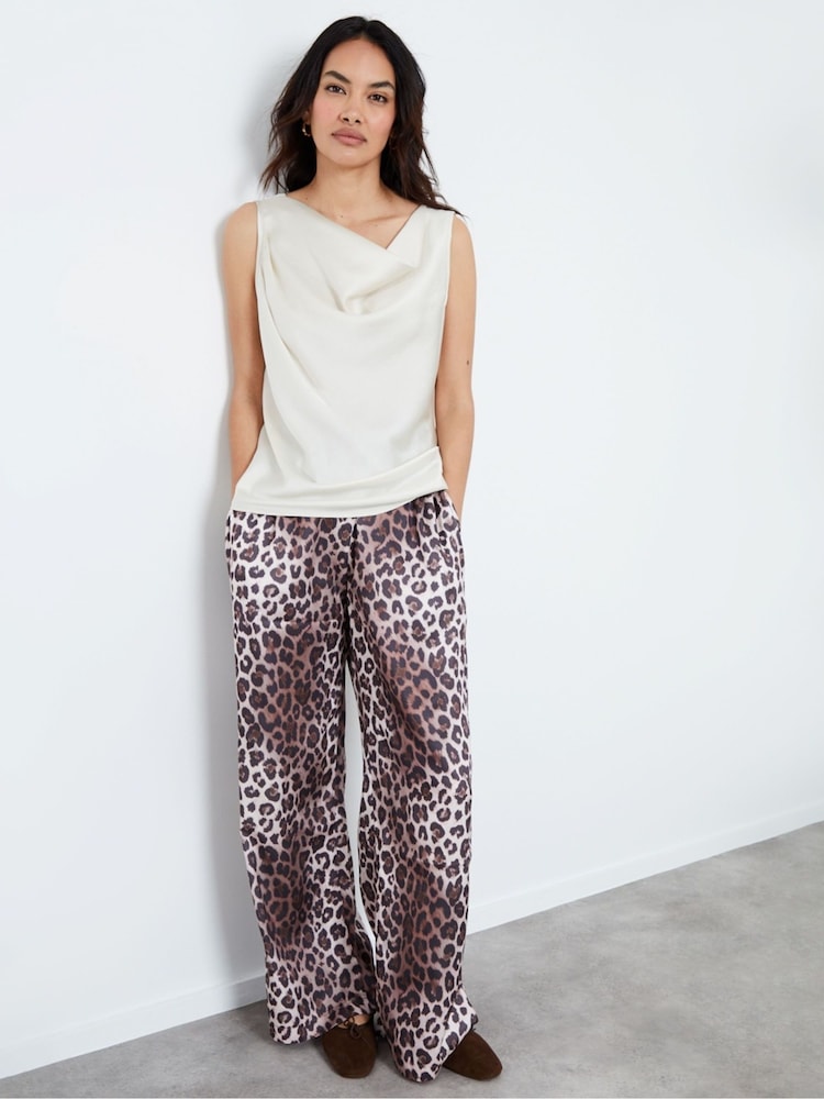 Another Sunday Cream Leopard Print Wide Leg Satin Trousers - Image 4 of 4