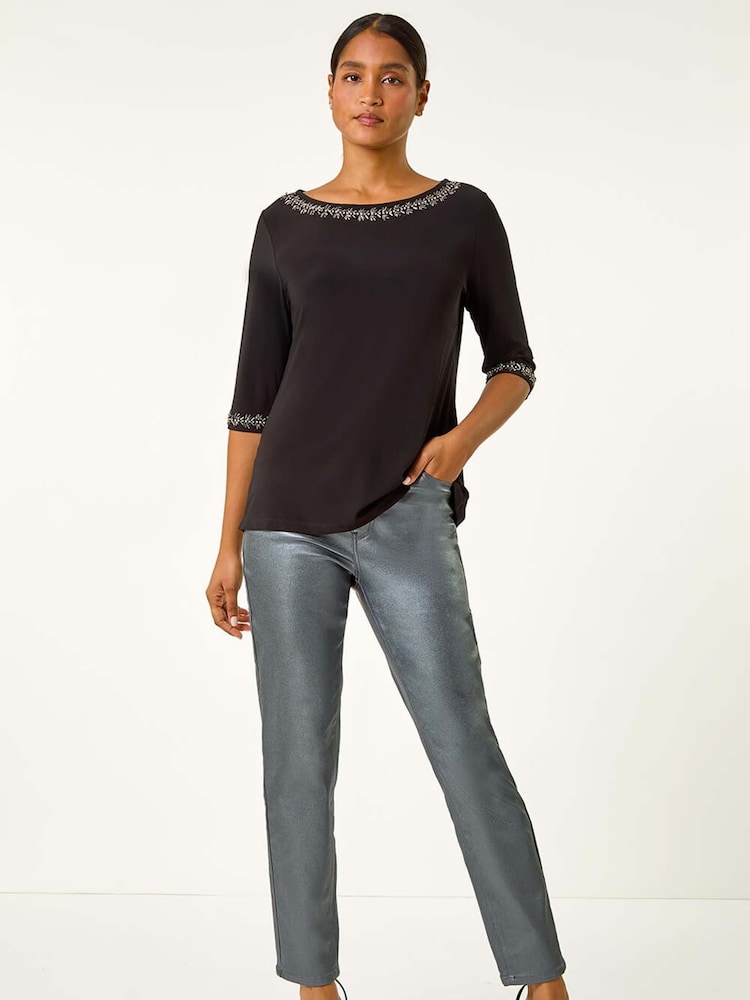 Roman Embellished Neck Stretch Top - Imagem 2 de 5