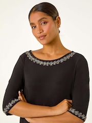Roman Embellished Neck Stretch Top - Imagem 4 de 5