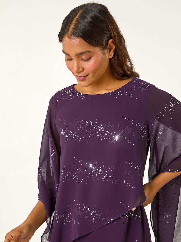 Roman Purple Sequin Embellished Asymmetric Overlay Dress - Image 4 of 5