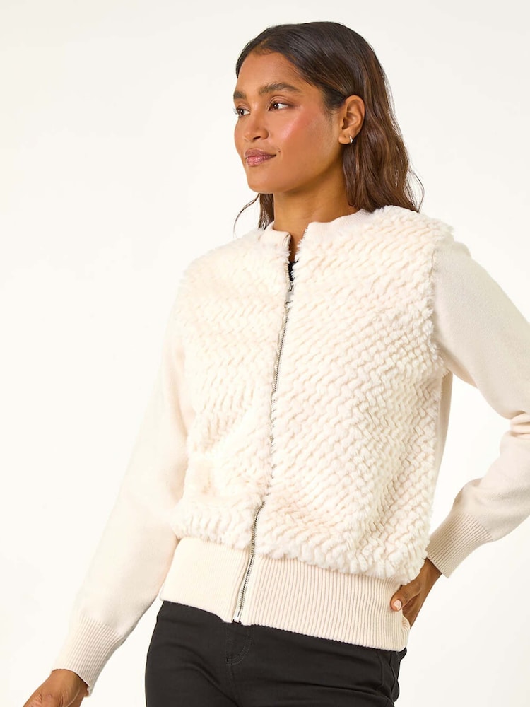 Roman Natural Faux Fur Funnel Neck Zip Jacket - Image 1 of 5