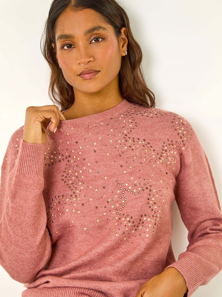 Roman Pink Star Detail Hotfix Crew Neck Jumper - Image 1 of 5
