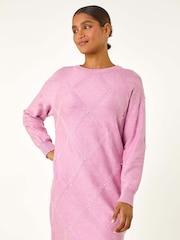 Roman Pink Pearl Detail Textured Jumper Dress - Image 1 of 5
