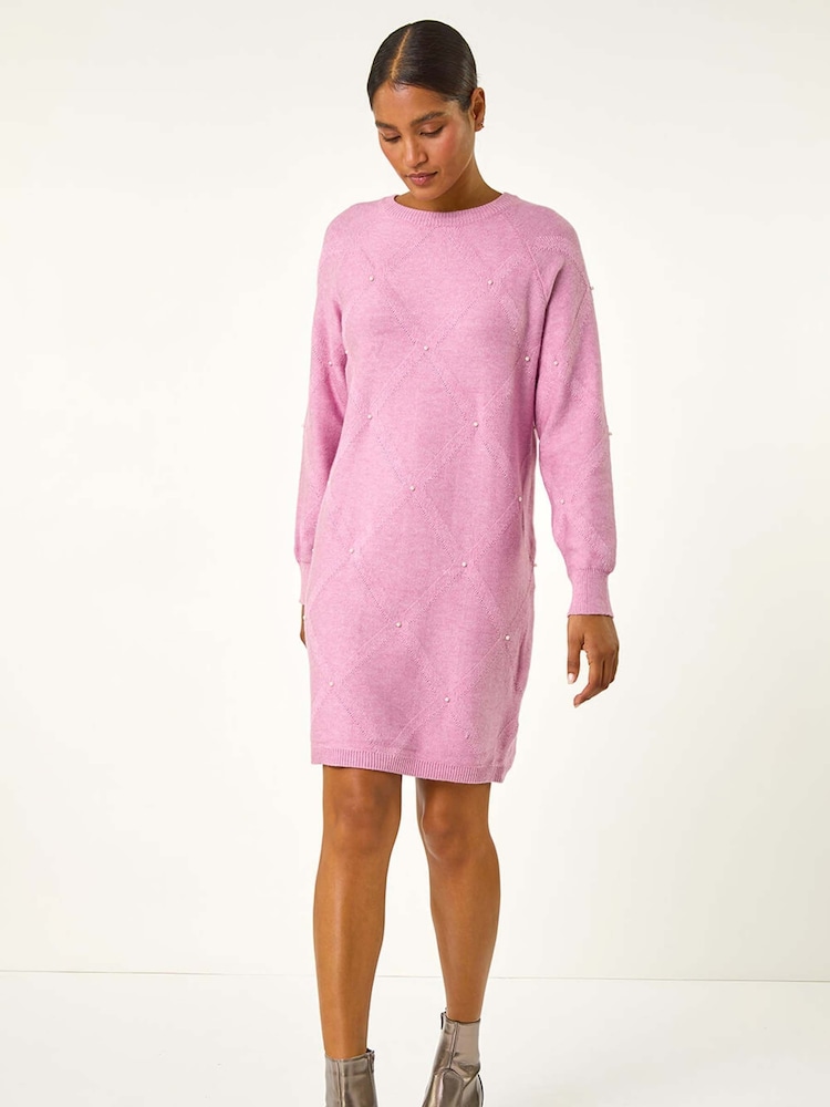 Roman Pink Pearl Detail Textured Jumper Dress - Image 2 of 5