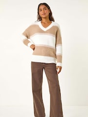 Roman Brown V-Neck Stripe Knit Jumper - Image 1 of 5