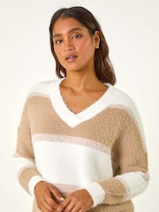 Roman Brown V-Neck Stripe Knit Jumper - Image 4 of 5