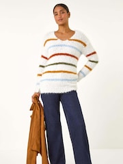 Roman White Stripe Fluffy Knit Jumper - Image 1 of 5