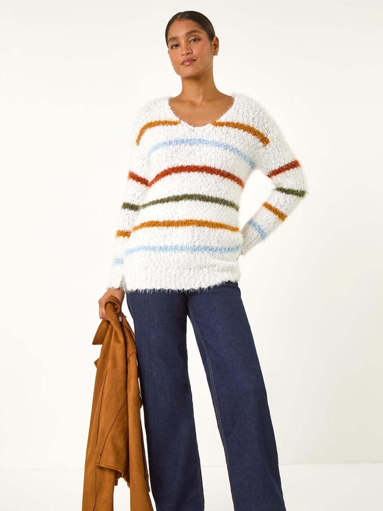 Roman White Stripe Fluffy Knit Jumper - Image 1 of 5
