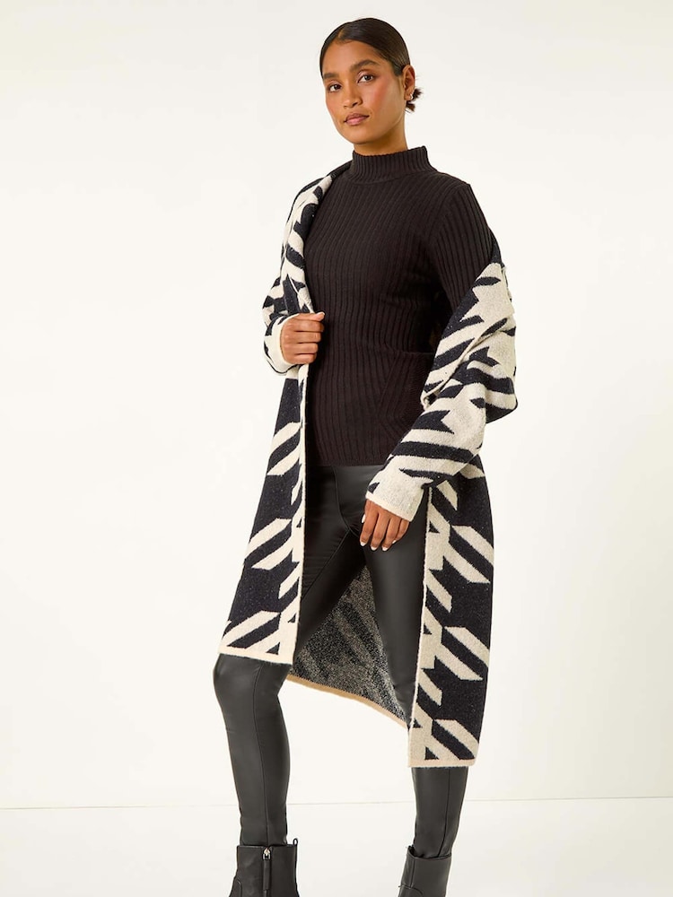Roman Black Houndstooth Pattern Knit Coatigan - Image 1 of 6