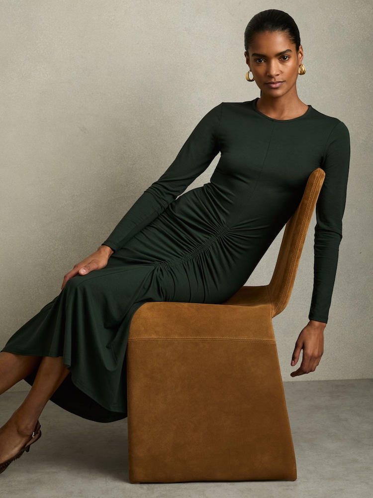 Reiss Green Ginny Ruched Jersey Midi Dress - Image 1 of 6