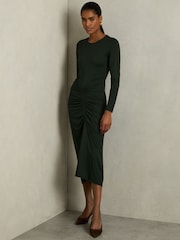 Reiss Green Ginny Ruched Jersey Midi Dress - Image 3 of 6