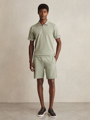 Sage Green - Reiss Bristol Textured Contrast Trim Half-Zip Polo Shirt - Image 1 of 6