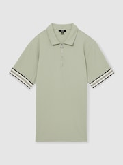 Sage Green - Reiss Bristol Textured Contrast Trim Half-Zip Polo Shirt - Image 3 of 6