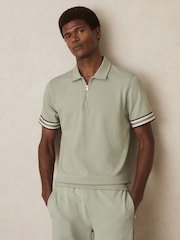 Sage Green - Reiss Bristol Textured Contrast Trim Half-Zip Polo Shirt - Image 4 of 6