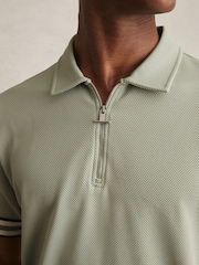 Sage Green - Reiss Bristol Textured Contrast Trim Half-Zip Polo Shirt - Image 5 of 6