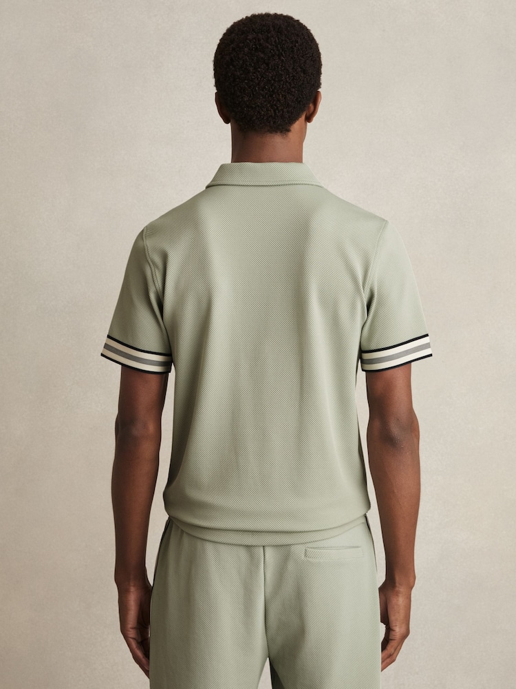 Sage Green - Reiss Bristol Textured Contrast Trim Half-Zip Polo Shirt - Image 6 of 6