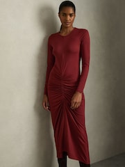 Reiss Burgundy Ginny Ruched Jersey Midi Dress - Image 1 of 6