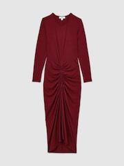 Reiss Burgundy Ginny Ruched Jersey Midi Dress - Image 2 of 6