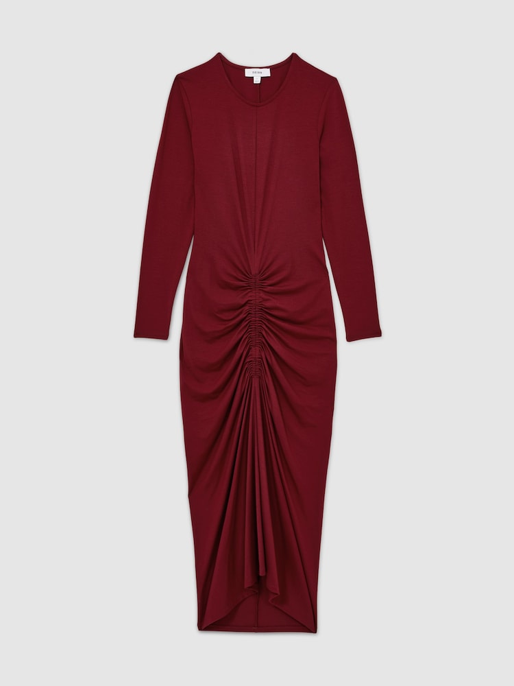 Reiss Burgundy Ginny Ruched Jersey Midi Dress - Image 2 of 6