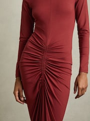 Reiss Burgundy Ginny Ruched Jersey Midi Dress - Image 3 of 6